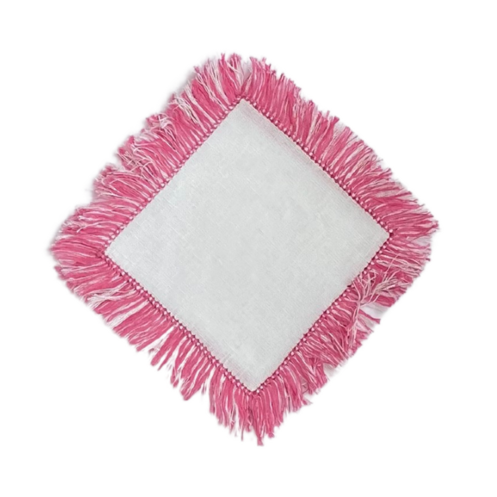 Flamingo Pink Fringe Linen Cocktail Napkin