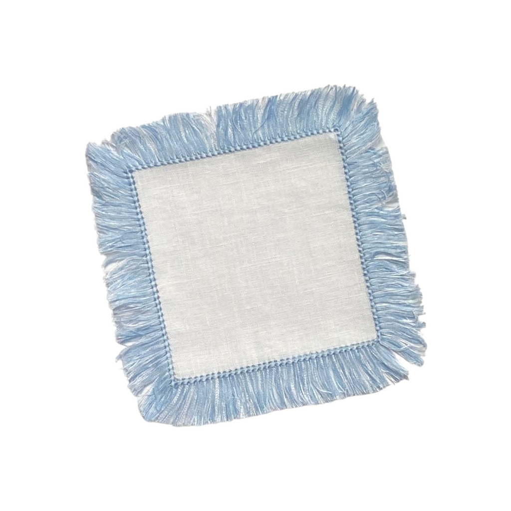 Gingham Blue Fringe Linen Cocktail Napkin