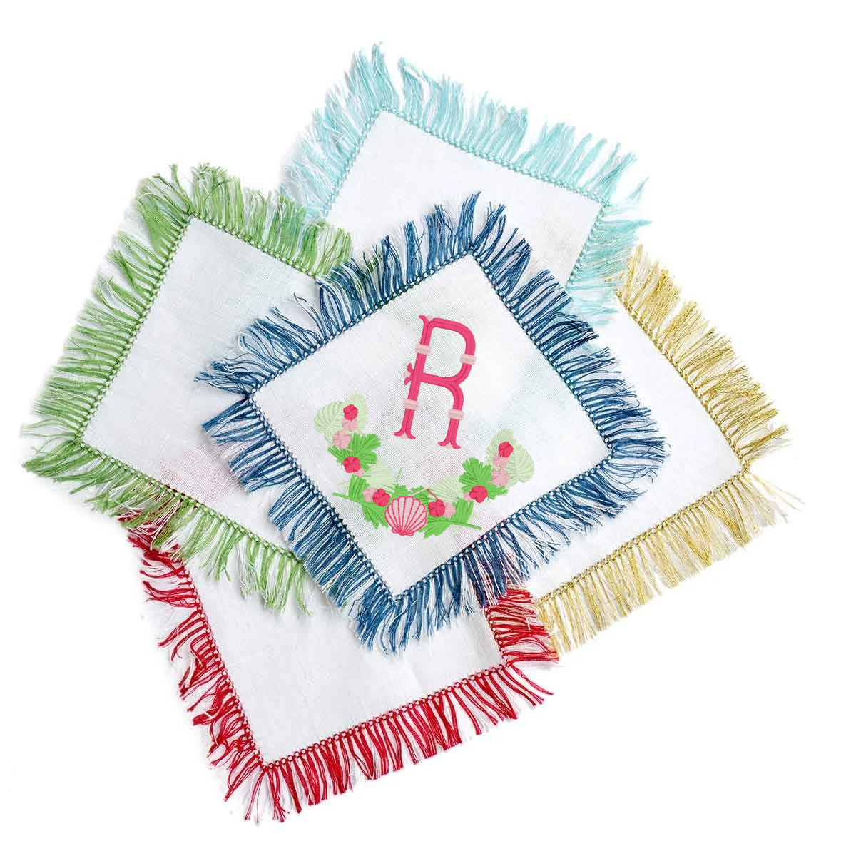 Ginger Jar Blue Fringe Linen Cocktail Napkin